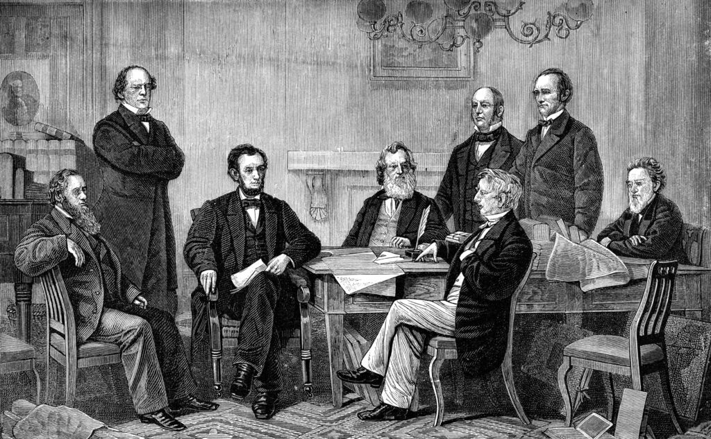 Ralph Waldo Emerson and Charles Sumner meet with President Abraham Lincoln at The White House, Washington